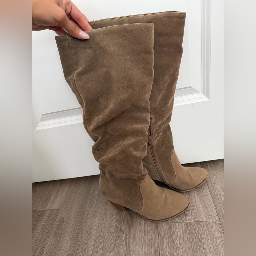 Tan Suede Knee-High Boots